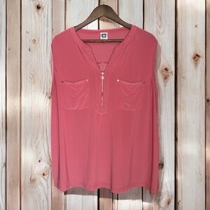 Anne Klein Elegant Coral Blouse with Pockets and Gold Zipper Detail